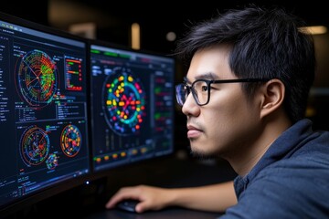 Aufkleber - Detailed image of a person reviewing a clean, structured data table on a high-resolution monitor, capturing the dedication to maintaining data quality, symbolizing professionalism and precision