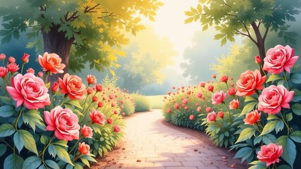 Poster - A path lined with pink flowers leads to a garden
