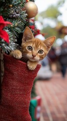 A playful kitten peeking out of a festive Christmas stocking decorated with holiday ornaments.