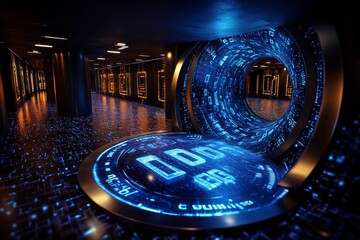Poster - Digital hologram of declining revenue numbers in a futuristic office, symbolizing the reality and clarity of business failure in a tech-driven world, symbolizing adaptability and learning