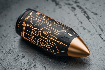 Poster - Futuristic bullet design with neon accents and metallic casing, capturing the high-tech look of future ammunition, symbolizing innovation and impact