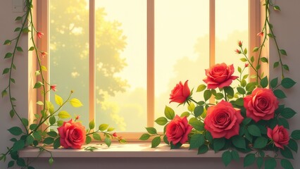 Poster - A window with a view of a tree and a bunch of red roses