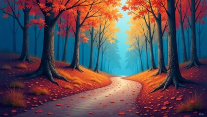 Fototapete - An autumn forest with a road in the middle