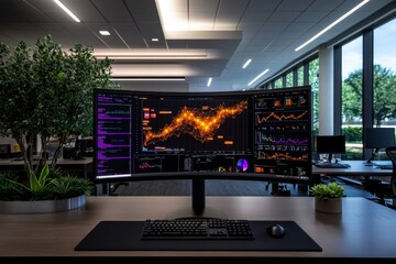 Aufkleber - Large wall-mounted screen with layered graphs and real-time data streams, capturing the high-stakes, analytical world of data mining, symbolizing scale and precision