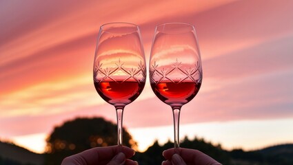 Two wine glasses filled with red wine raised against a beautiful sunset sky, symbolizing celebration, romance, and relaxation.