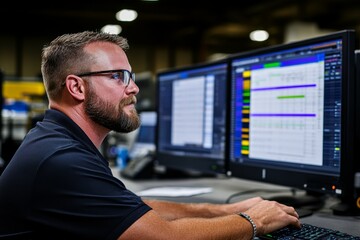 Poster - Person in a clean, organized workspace, analyzing spreadsheets and data with a focused expression, capturing the careful and precise work behind data quality, symbolizing diligence and clarity