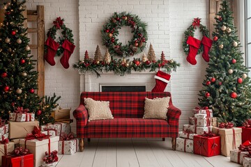 Wall Mural - A cozy Christmas-themed backdrop featuring a white brick wall, decorated fireplace, and a red plaid couch, surrounded by presents for a delightful children's photoshoot.