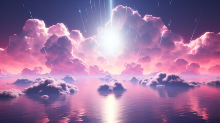 Poster - A breathtaking sunset reflects off the water with majestic pink clouds on the horizon, creating a serene seascape.