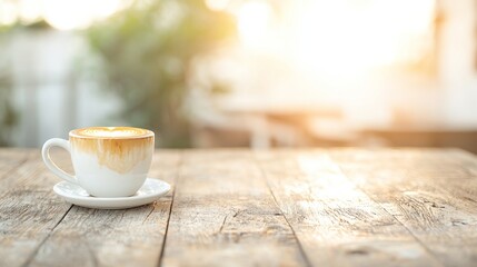 A cup of coffee on a wooden table with a blurred background of a cafe.