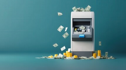 Poster - Automated teller machine overflowing with cash and coins in a modern setting