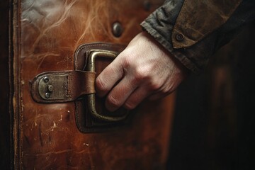 A person’s hand gripping a vintage leather suitcase handle, warm light, rustic background, focus on texture 2