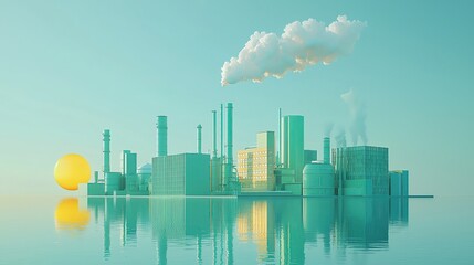 net zero climate policy Illustration, Modern industrial landscape with reflections