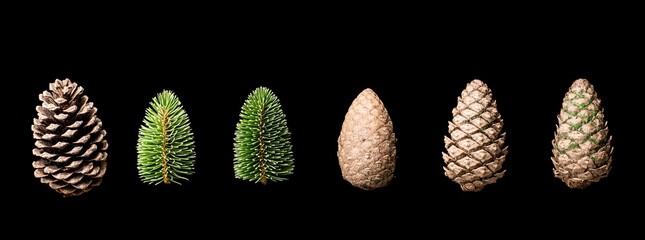 Close-up of six pine cones and sprigs in a row, isolated on a black background.