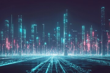 Poster - In this video, speed light trails travel through smart modern mega cities and skyscrapers towns with neon futuristic technology background, motion effects, high speed light, and future virtual