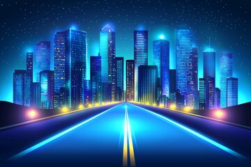 Poster - High speed light trail through modern mega city and skyscrapers town with neon futuristic technology background, future virtual reality, motion effect, and high speed light trails
