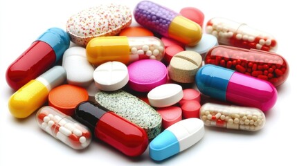 Assorted medical pills in vibrant colors and different shapes on a simple background, highlighting pharmaceutical care.