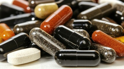 Close-up view of medical pills in various shapes and colors on a light background, emphasizing pharmaceutical diversity.