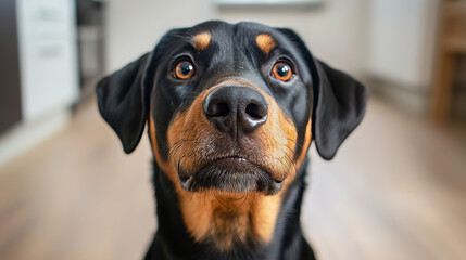 The dog in the photo stares at its owner with a hungry look. It seems like the dog wants something, maybe food. The picture was taken inside the owner's home.