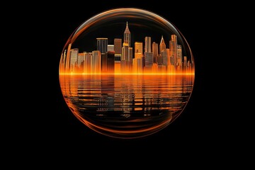 Poster - With a city skyline in the background, smart data technology and global network connections, business globus, and spherical modern data networks inform a globus of business information