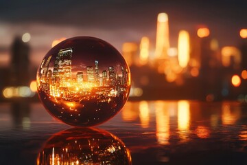 Poster - The city skyline is seen in the background, surrounded by smart digital technology, spherical modern data networks, and business globus.
