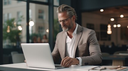 Poster - Professional man working on laptop in modern office environment reflecting focus and productivity