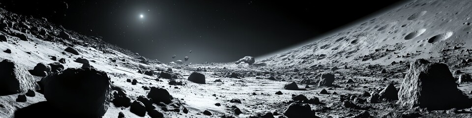 Wall Mural - a black and white photo of a rocky, barren landscape with a bright star in the background. concept o