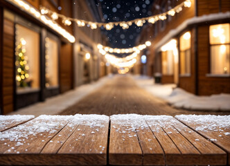 Wall Mural - empty wooden table street floor snowy christmas night