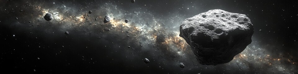 Wall Mural - a large rock is floating in space, surrounded by a cloud of debris. concept of vastness and emptines