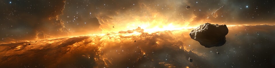 Wall Mural - a space scene with a large rock flying through the sky. the sky is orange and the rock is surrounded