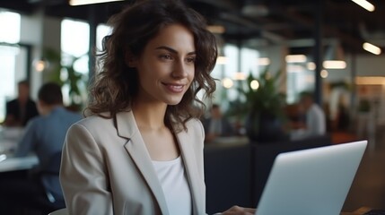 Poster - A professional woman engaged in work at a modern office space with technology and collaboration atmosphere