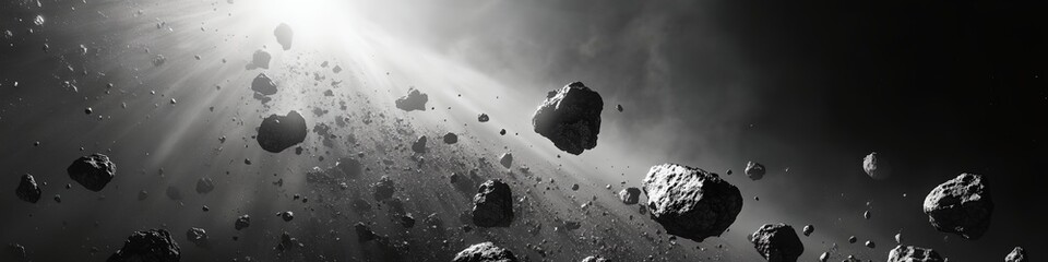 Wall Mural - a black and white photo of a space with a lot of rocks. the rocks are scattered all over the image, 