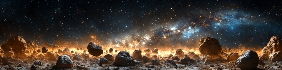Wall Mural - a space scene with a large number of rocks and stars. the stars are scattered throughout the sky, an