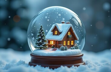 Magical winter snow globe with a cozy house and snowflakes, capturing the enchanting holiday spirit in a whimsical and festive setting. 