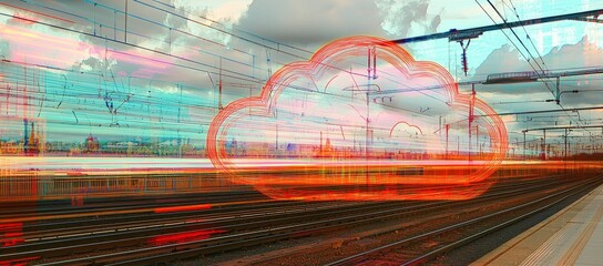 Poster - An image of cloud computing with a speeding train in the background of a city