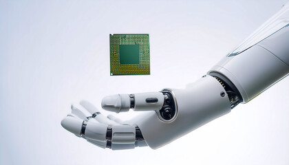 White Hand of Humanoid Robot is Holding and Showing Innovative and Advanced AI Accelerated Chip floating or flying isolated white background