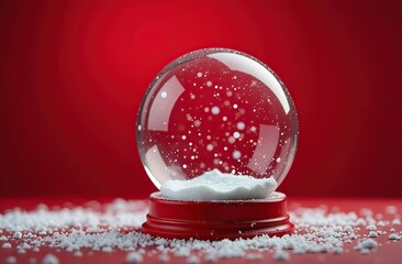 empty christmas snow globe on a red background with delicate snowfall and copy space for text.