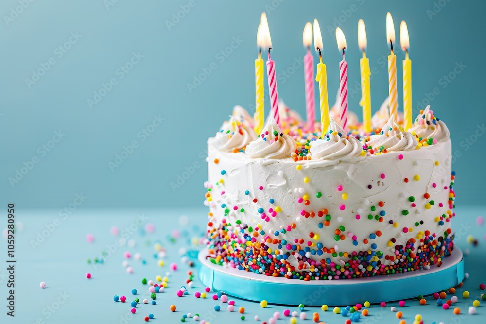 Colorful birthday cake with sprinkles and ten candles on a blue ...
