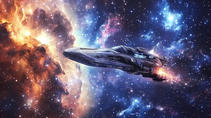 Wall Mural - Cosmic voyage - close-up of futuristic space scene with nebulae, stars, and spaceship, copy space on right. Space Opera Scene. Illustration
