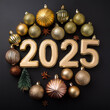 © MRK STUDIO - 2025 New Year celebrate. Various Christmas ornaments decorations displayed on solid black background