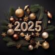 © MRK STUDIO - 2025 New Year celebrate. Various Christmas ornaments decorations displayed on solid black background