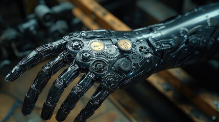 Poster - A closeup of robotic And Human Hand with Gears