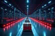 © RezaArif - A long conveyor belt with boxes moving through an industrial warehouse with blue and red lighting.