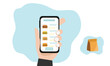 © sarasw art - hand holding smartphone with screen of online food store and ordering  hamburger with an application for ordering food at home.