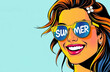 © Stock Planet - Summer pop art face. woman wearing sunglasses with the word Summer reflected or inscripted in the sunglasses. colorful background in retro comic style