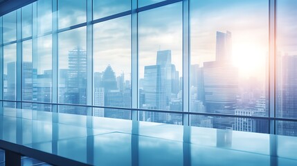Poster - Modern Office with City View Smooth Blue Background with Copy Space for Advertisements