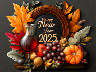 Happy New Year 2025 with autumn leaves, fruits, and decorative frame. Celebrate season with vibrant colors and festive elements that evoke warmth and joy