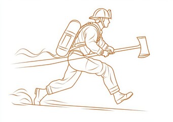 Drawing of continuous line running firefighter with transparent background