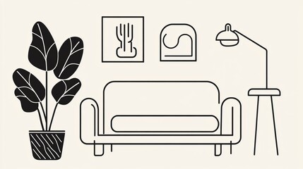 Canvas Print - A simplified, linear illustration of a sofa with two pillows, lamp, and potted deciduous plant. Editable stroke Modern illustration.