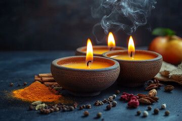 Wall Mural - An Indian oil lamp with burning candles, placed with some spices around it,during the Diwali celebration