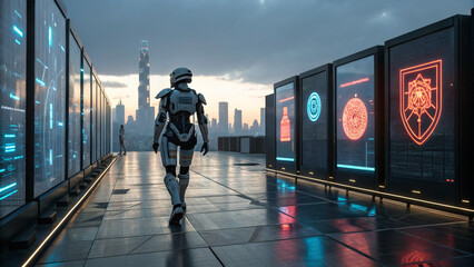 Poster - Futuristic Cityscape with Robot and Digital Billboards